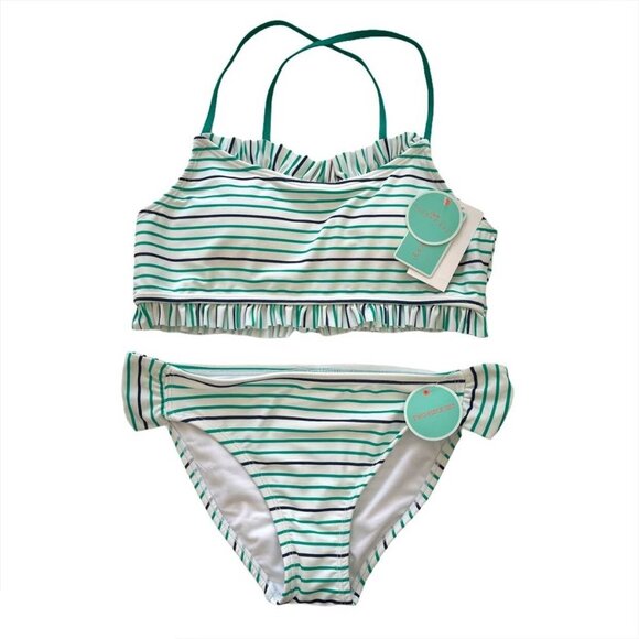 KIDS GIRLS Navy Blue Green Stripe Bikini Swim – Size 16 - Picture 4 of 4